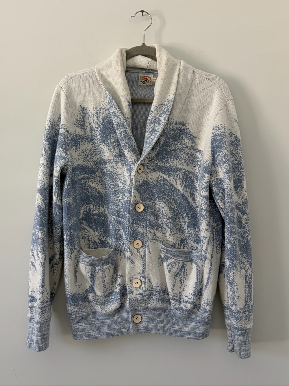 Faherty Offshore Swell Light Blue White Knit Palm Tree Cotton Cashmere Cardigan
